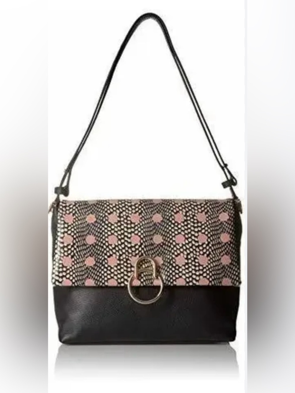 Vince Camuto Black Leather Foldover Shoulder Bag with Pink Printed Flap